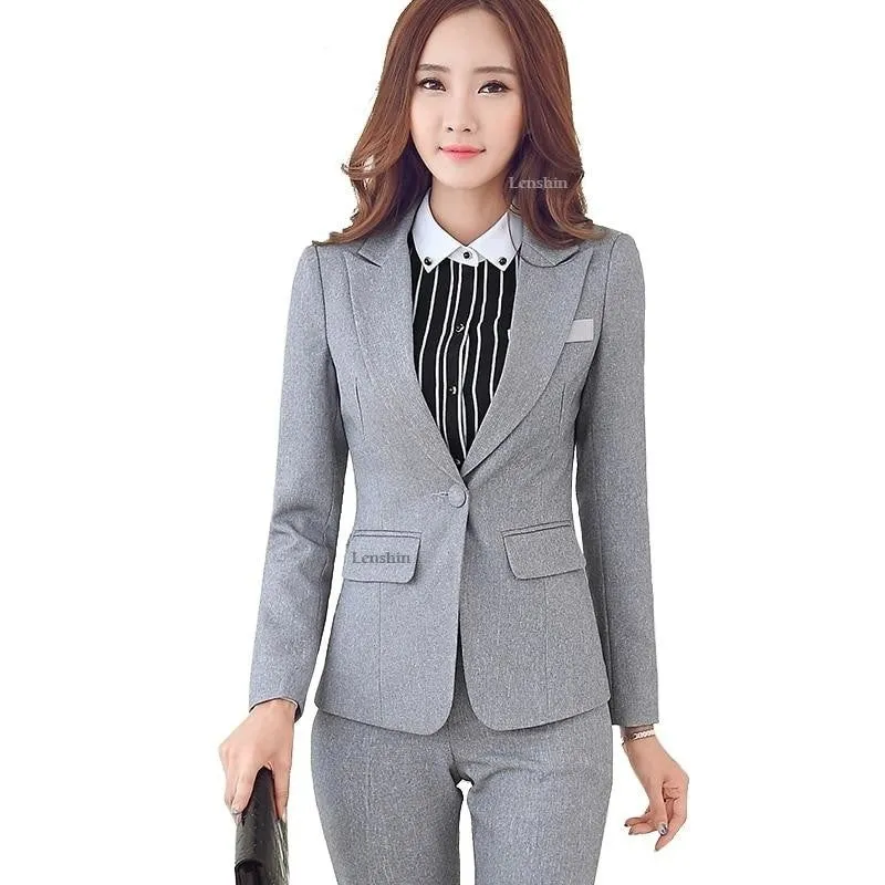 2 Piece Women's Single Button Gray and Black Formal Business Suit