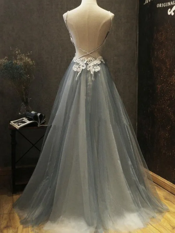 A Line Backless White Lace Beading Gray Tulle Long Prom, Lace Gray Formal, Backless Gray Long Evening