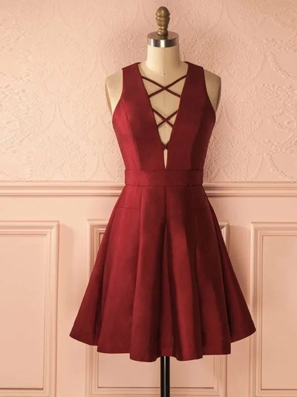 A Line Deep V Neck Burgundy Satin Short Prom Homecominges, V Neck Burgundy Formal Graduation Evening