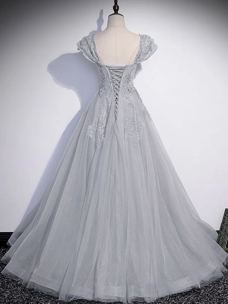 A-Line Gray Tulle Sequin Long Prom Dress, Gray Formal Evening Dress Y4733