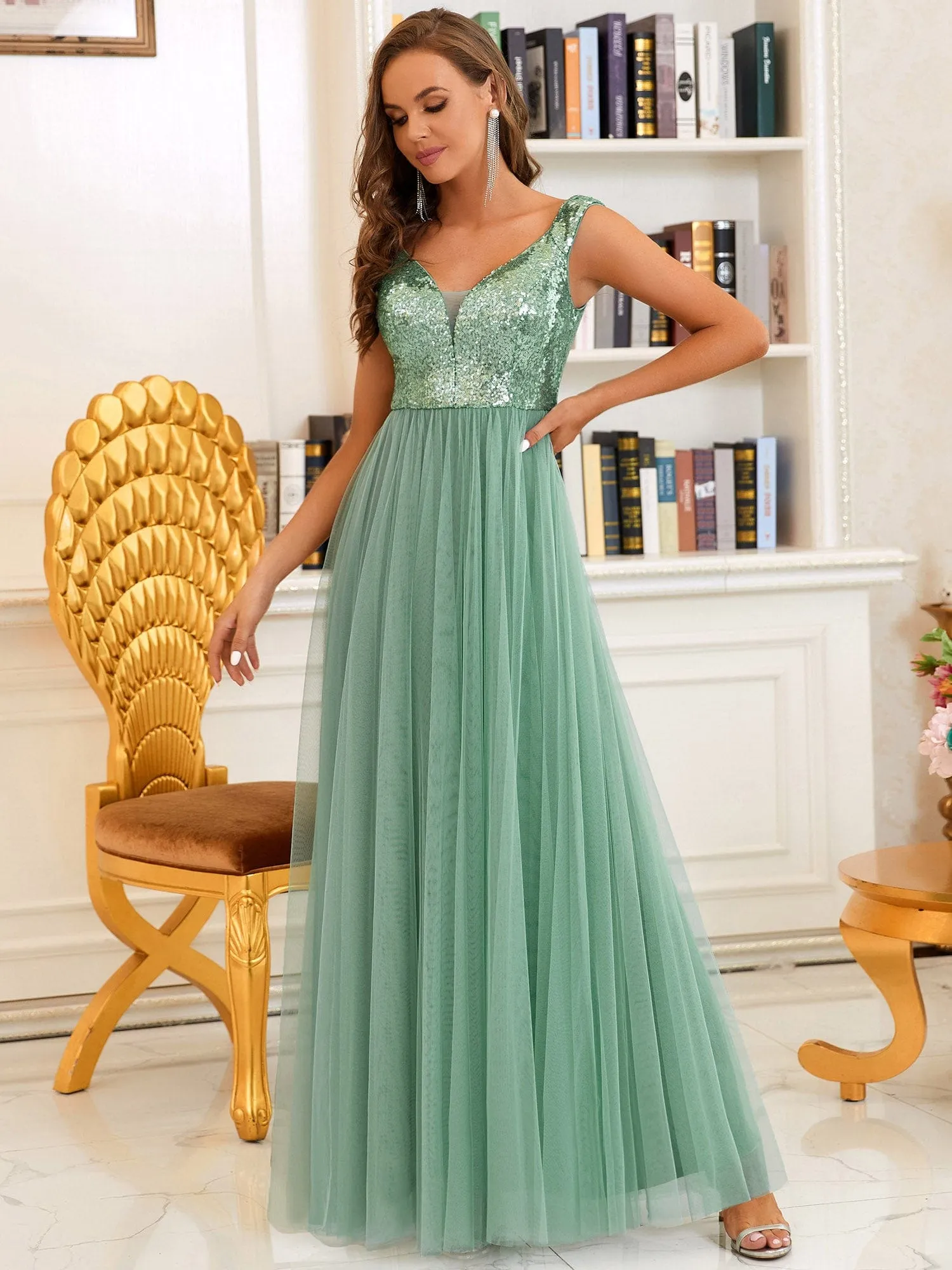 A-line Sequin Off the Shoulder Maxi Tulle Formal Evening Dress