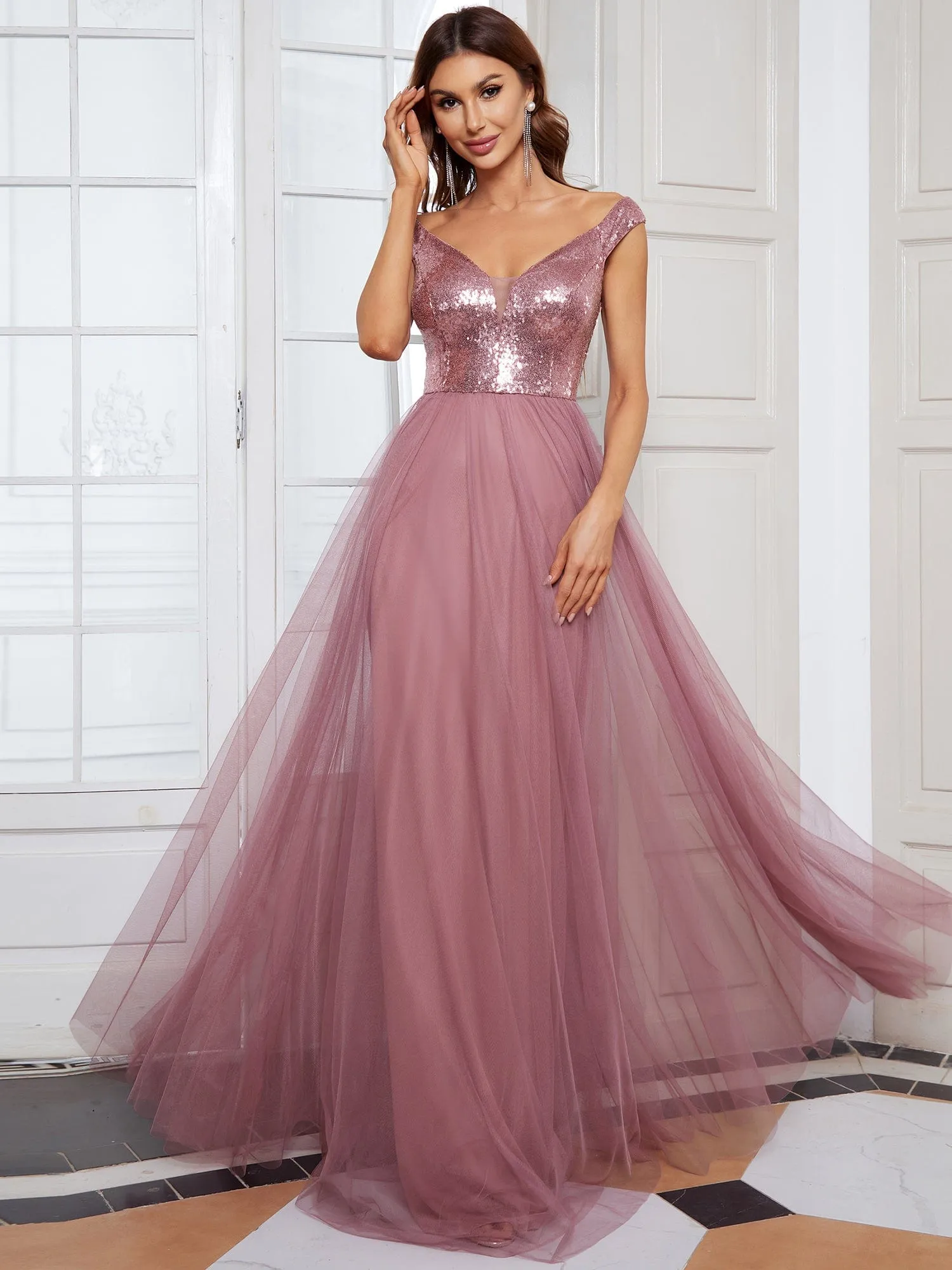 A-line Sequin Off the Shoulder Maxi Tulle Formal Evening Dress