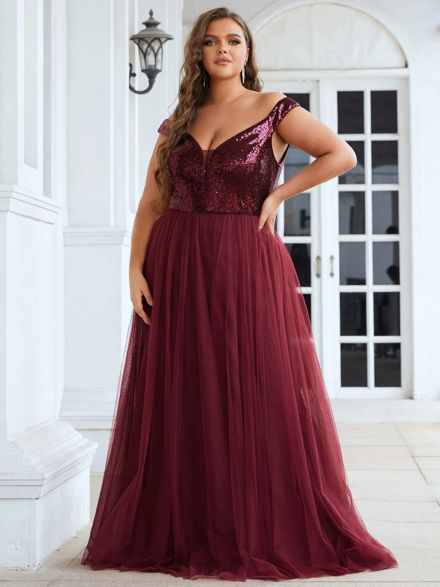 A-line Sequin Off the Shoulder Maxi Tulle Formal Evening Dress