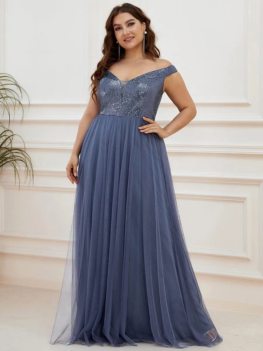 A-line Sequin Off the Shoulder Maxi Tulle Formal Evening Dress