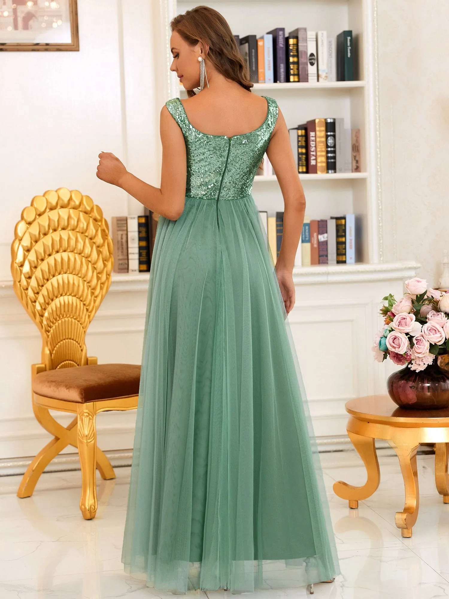 A-line Sequin Off the Shoulder Maxi Tulle Formal Evening Dress