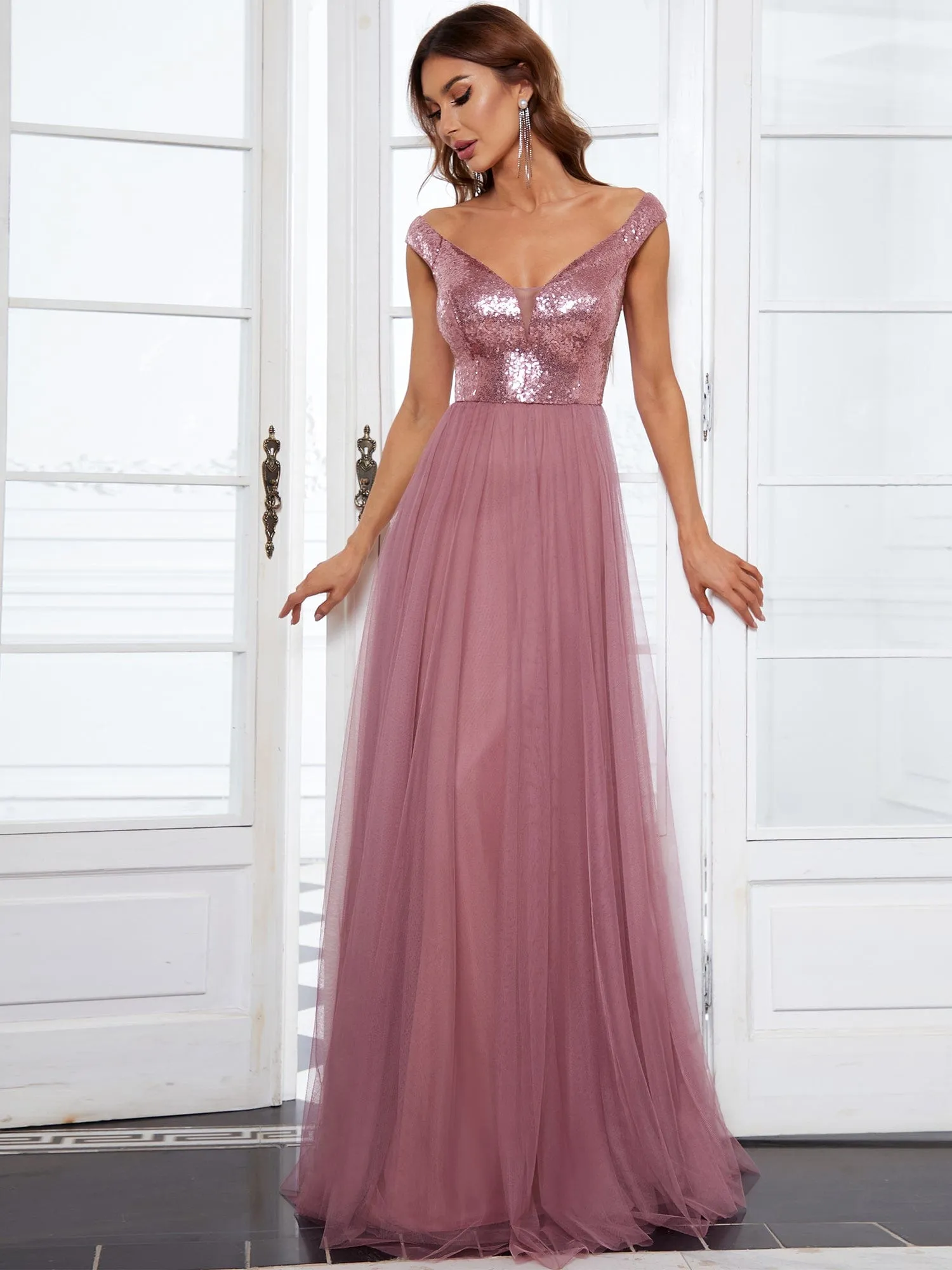 A-line Sequin Off the Shoulder Maxi Tulle Formal Evening Dress