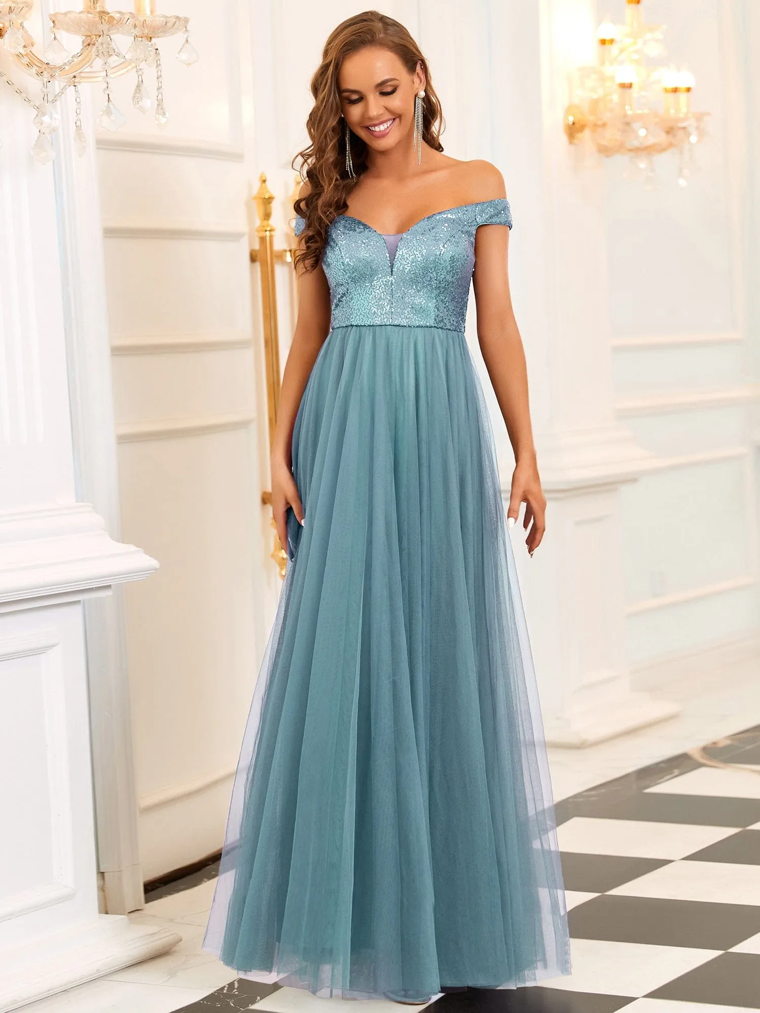 A-line Sequin Off the Shoulder Maxi Tulle Formal Evening Dress