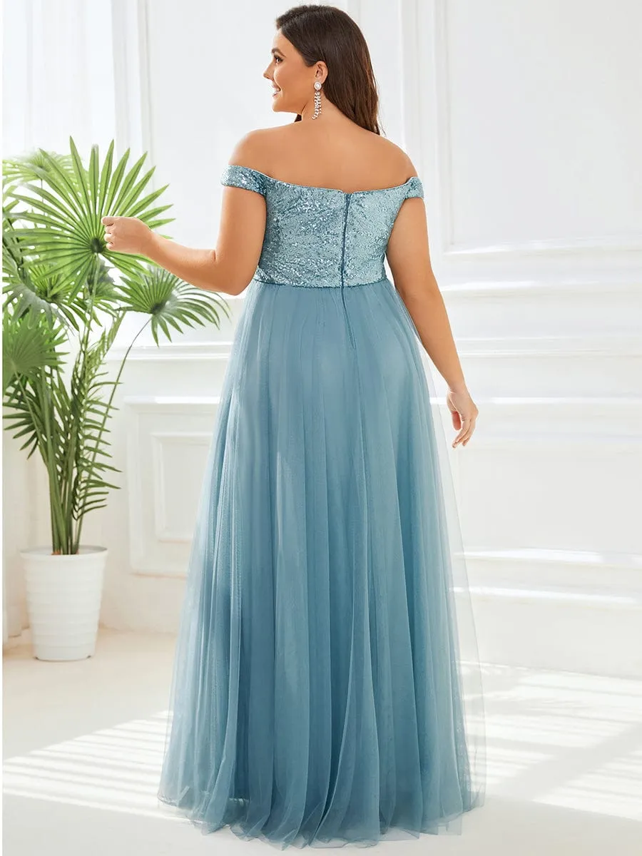 A-line Sequin Off the Shoulder Maxi Tulle Formal Evening Dress