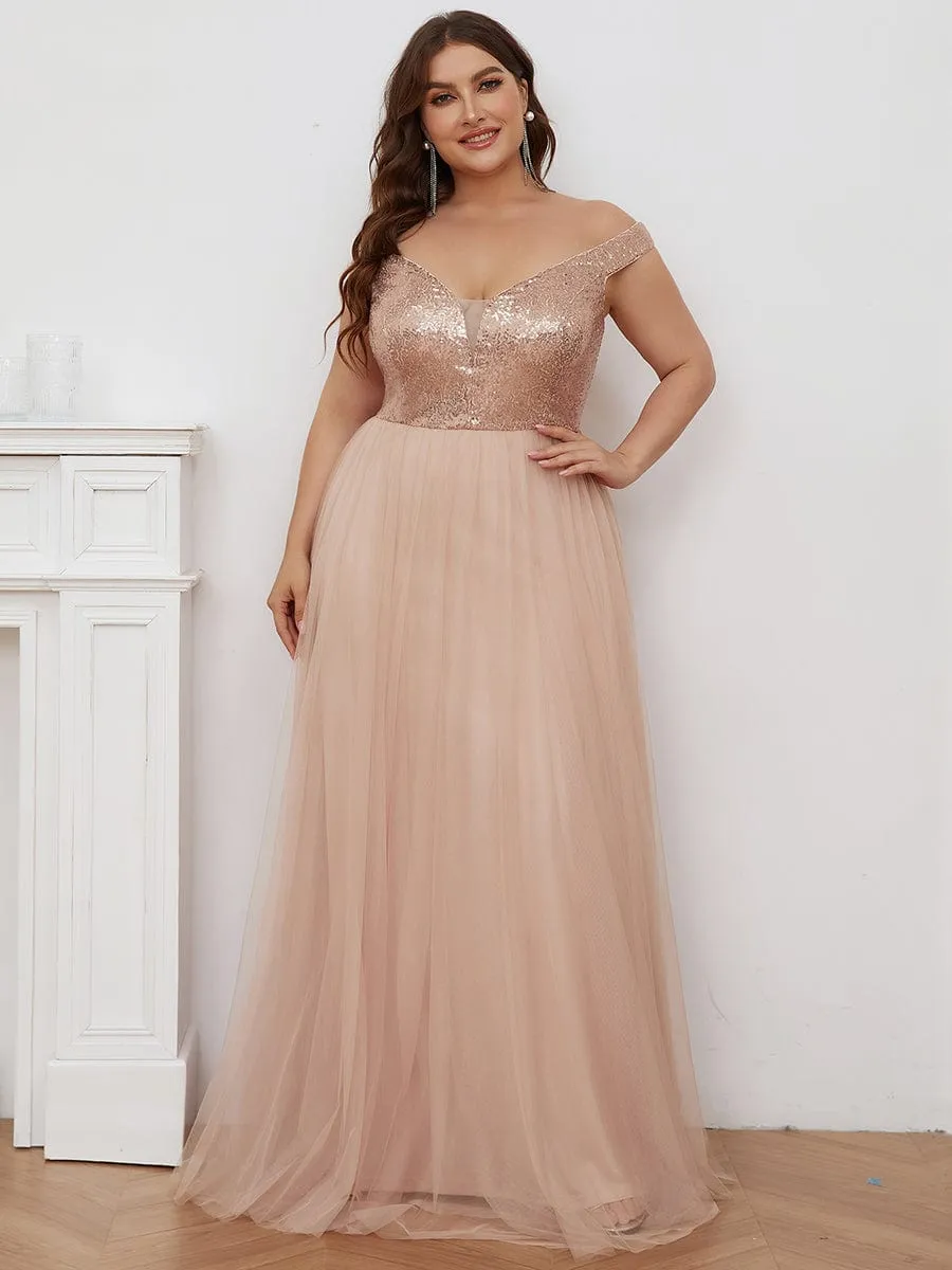 A-line Sequin Off the Shoulder Maxi Tulle Formal Evening Dress