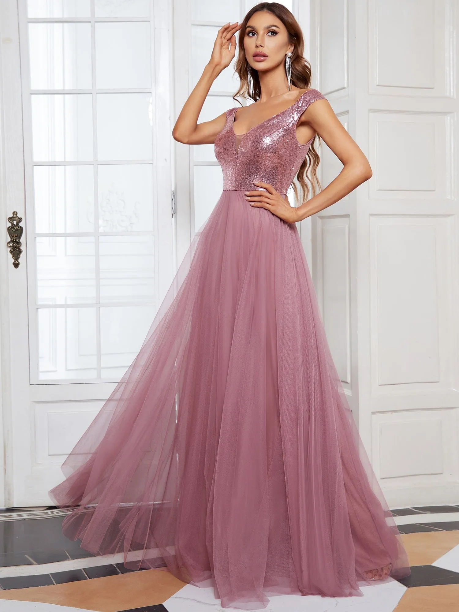 A-line Sequin Off the Shoulder Maxi Tulle Formal Evening Dress