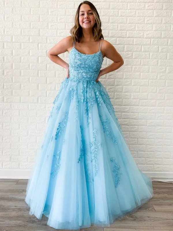 A Line Sky Blue Lace Backless Long Prom, Backless Sky Blue Lace Formal, Sky Blue Evening