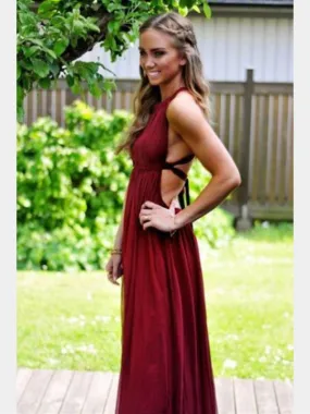 A Line Sleeveless Backless Maroon Prom Dress, Maroon Formal Dress, Maroon Bridesmaid Dress