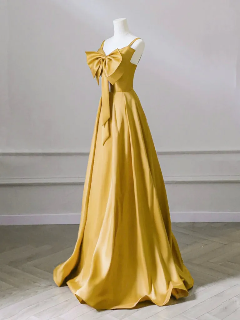 A-Line Sweetheart Neck Satin Yellow Long Prom Dress, Yellow Long Formal Dress