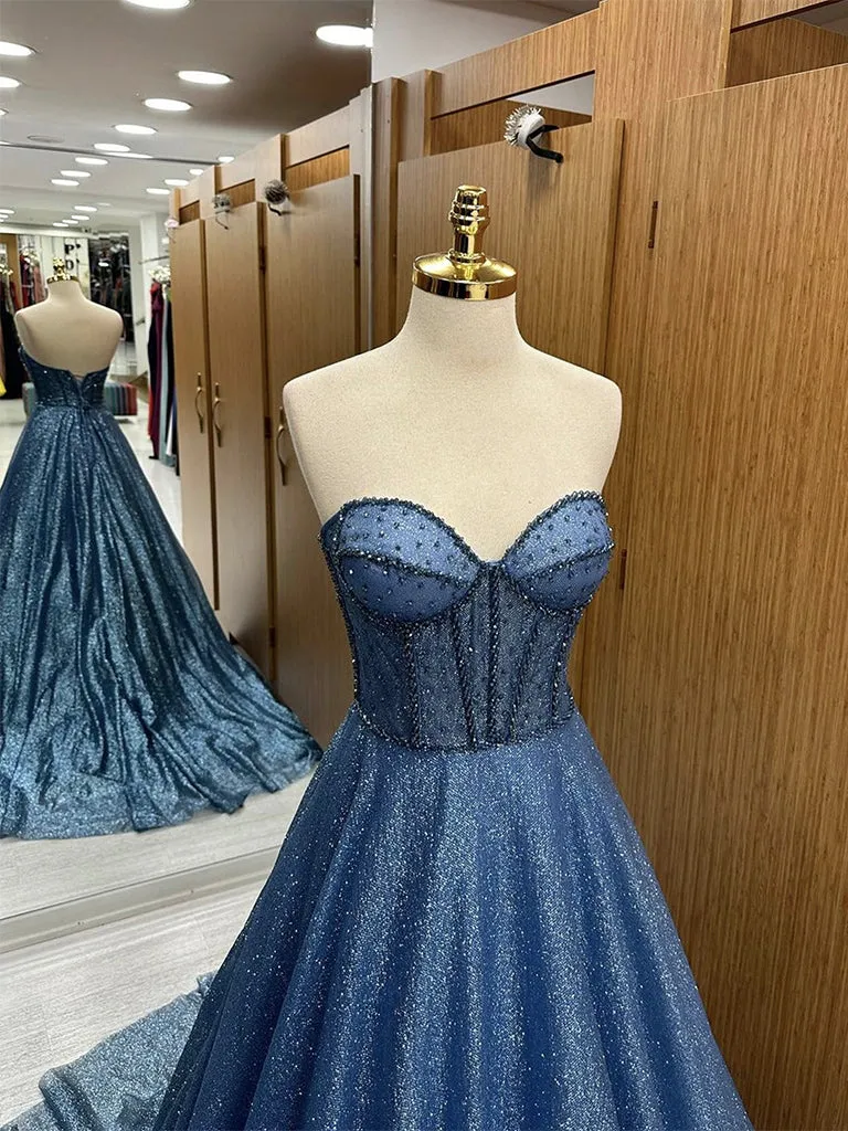 A-Line Sweetheart Neck Tulle Beads Blue Long Prom Dress, Blue Long Formal Dress