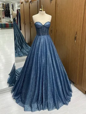 A-Line Sweetheart Neck Tulle Beads Blue Long Prom Dress, Blue Long Formal Dress