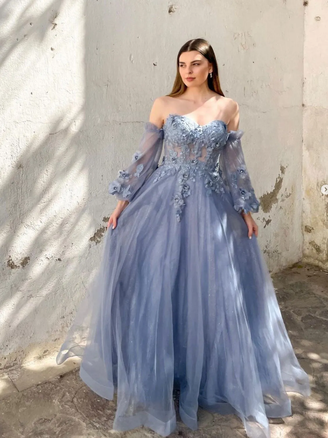 A-Line Sweetheart Neck Tulle Gray Blue Lace Long Prom Dress, Gray Blue Formal Evening Dress