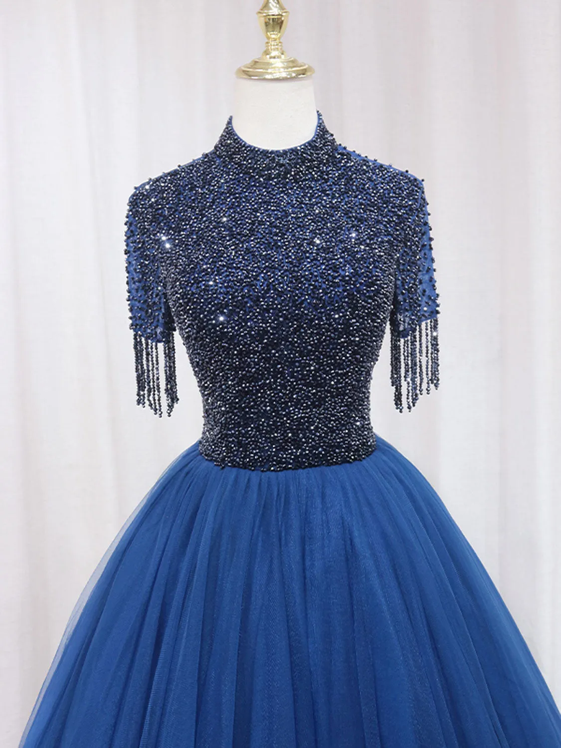 A-Line Tulle Blue Long Prom Dress, Blue Formal Evening Dress with Beading