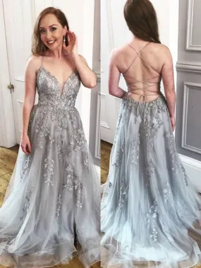 A Line V Neck Backless Gray Lace Long Prom, Grey Lace Formal Evening