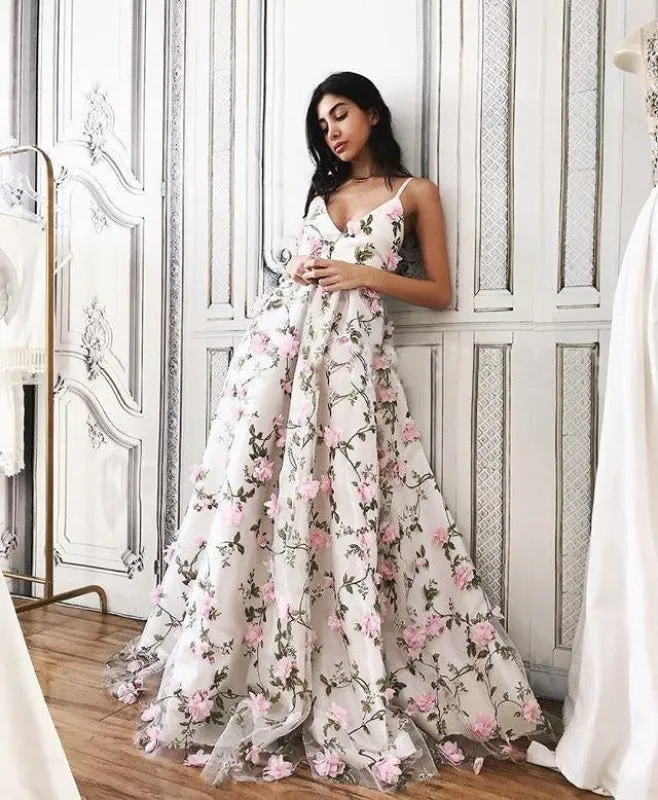 A Line V Neck Backless Pink Lace Floral White Prom, Pink 3D Flower White Formal, Evening