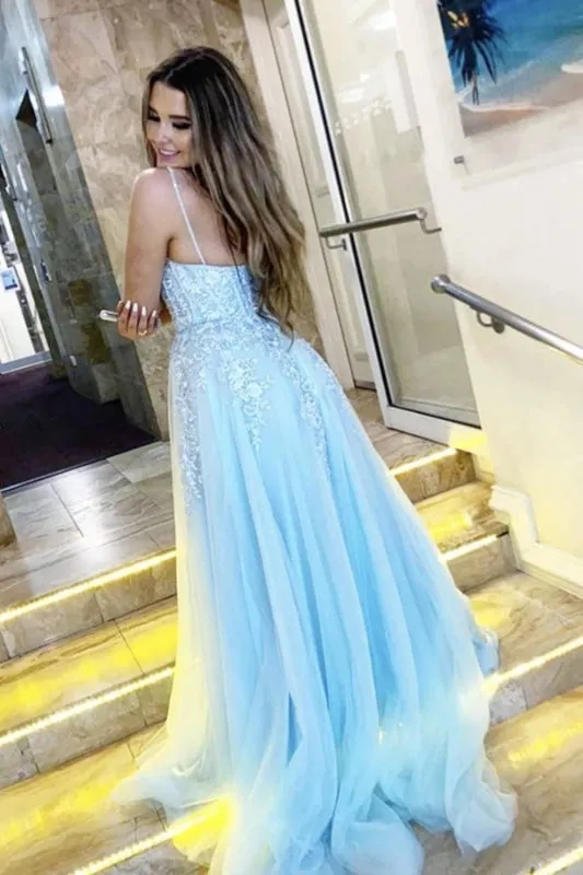 A Line V Neck Blue Lace Long Prom, Long Blue Lace Formal Evening