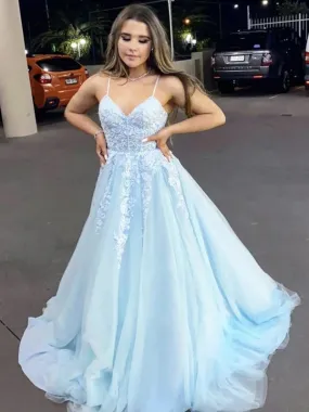 A Line V Neck Blue Lace Long Prom, Long Blue Lace Formal Evening