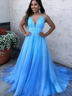 A Line V Neck Blue Long Prom with Thin Belt, Blue Formal, Evening