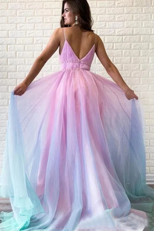 A Line V Neck Ombre Long Prom, Multi Color Ombre Long Formal Evening