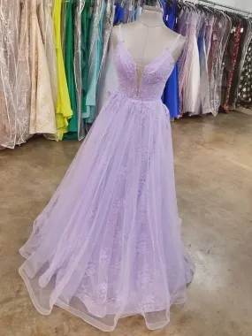 A Line V Neck Purple Lace Long Prom, Lilac Lace Long Formal Evening