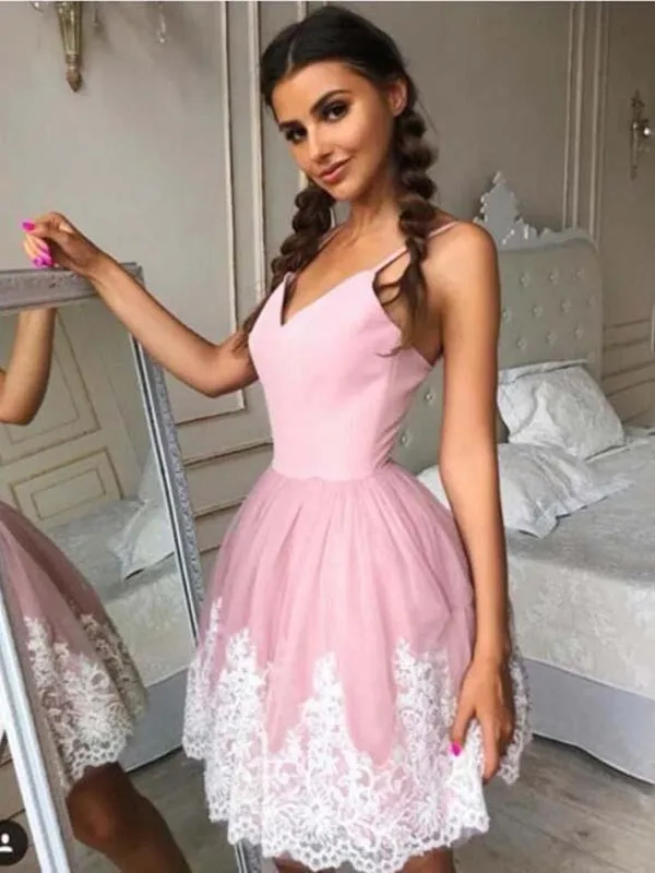 A Line V Neck Short Pink Lace Prom, Short Pink Lace Formal Homecoming