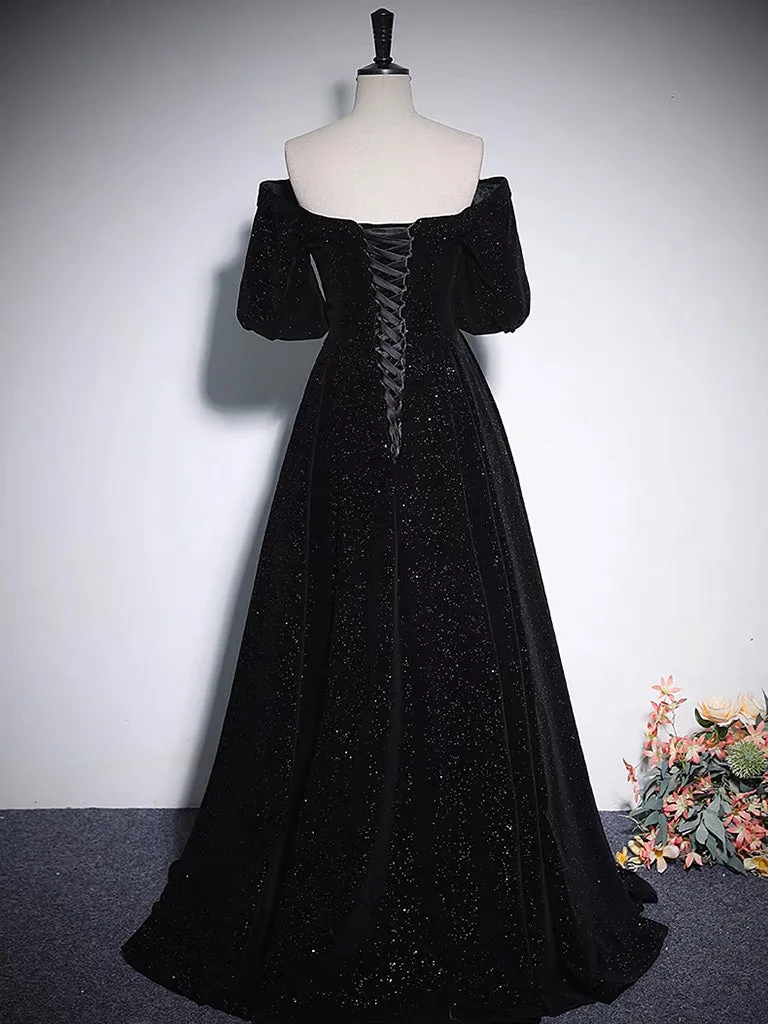 A-Line V Neck Velvet Black Long Prom Dress, Black Formal Evening Dress