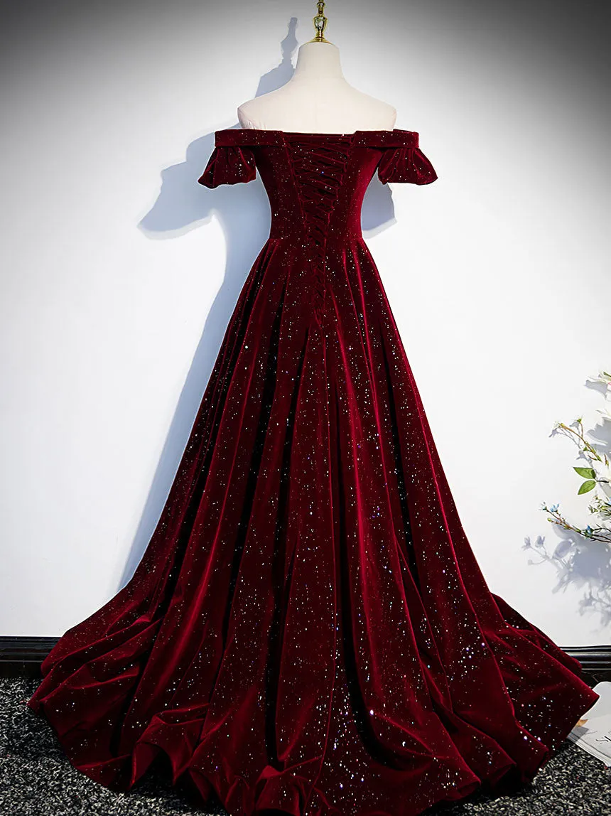 A-Line Velvet Burgundy Long Prom Dress, Burgundy Velvet  Long Formal Dress