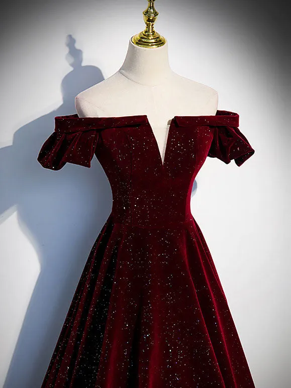 A-Line Velvet Burgundy Long Prom Dress, Burgundy Velvet  Long Formal Dress