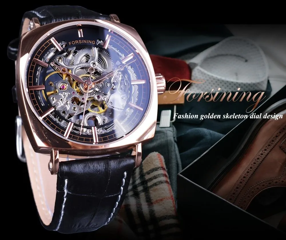 Automatic Genuine Leather Fashion Luxury Transparent Men's Gold Clock