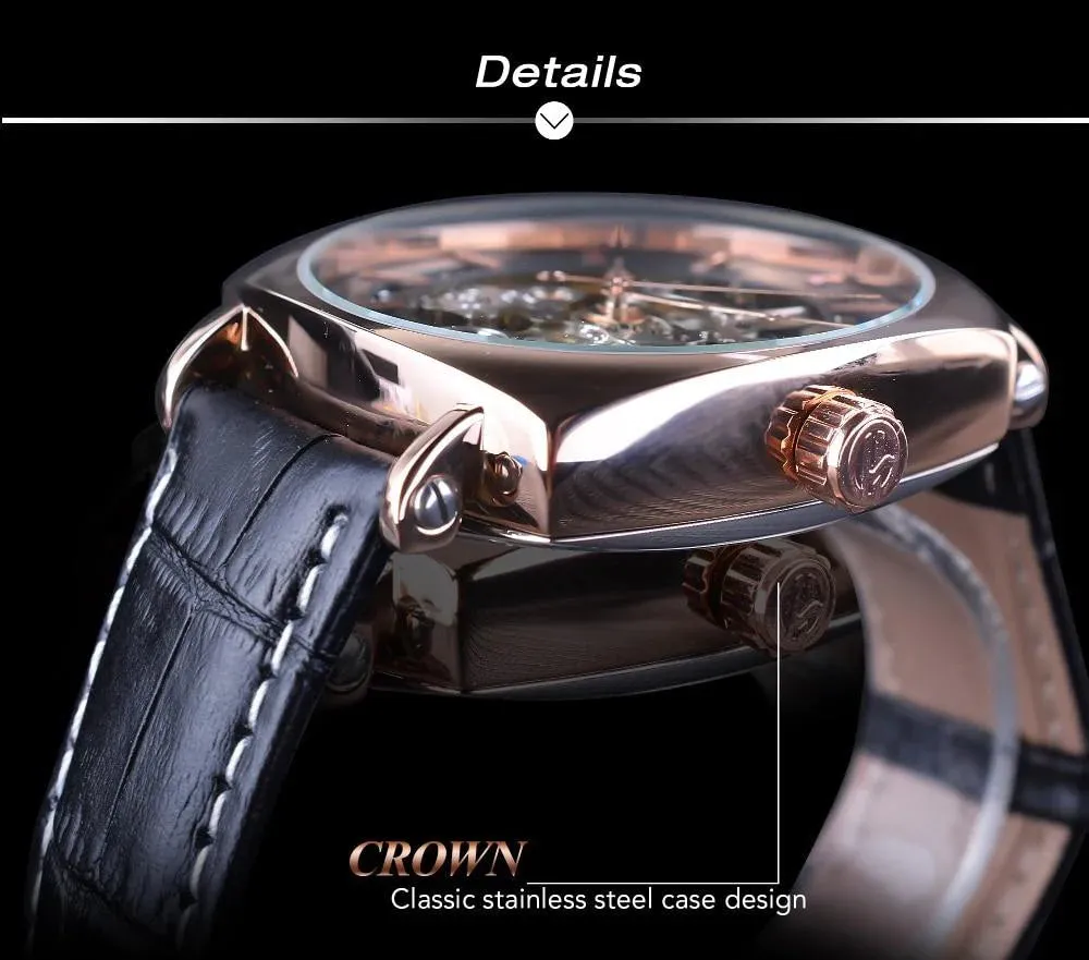 Automatic Genuine Leather Fashion Luxury Transparent Men's Gold Clock