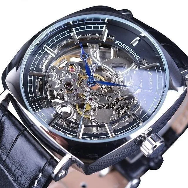 Automatic Genuine Leather Fashion Luxury Transparent Men's Gold Clock