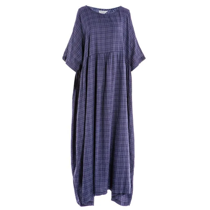 BABAKUD Loose Robes Maxi Plaid Cotton Linen Dress Women