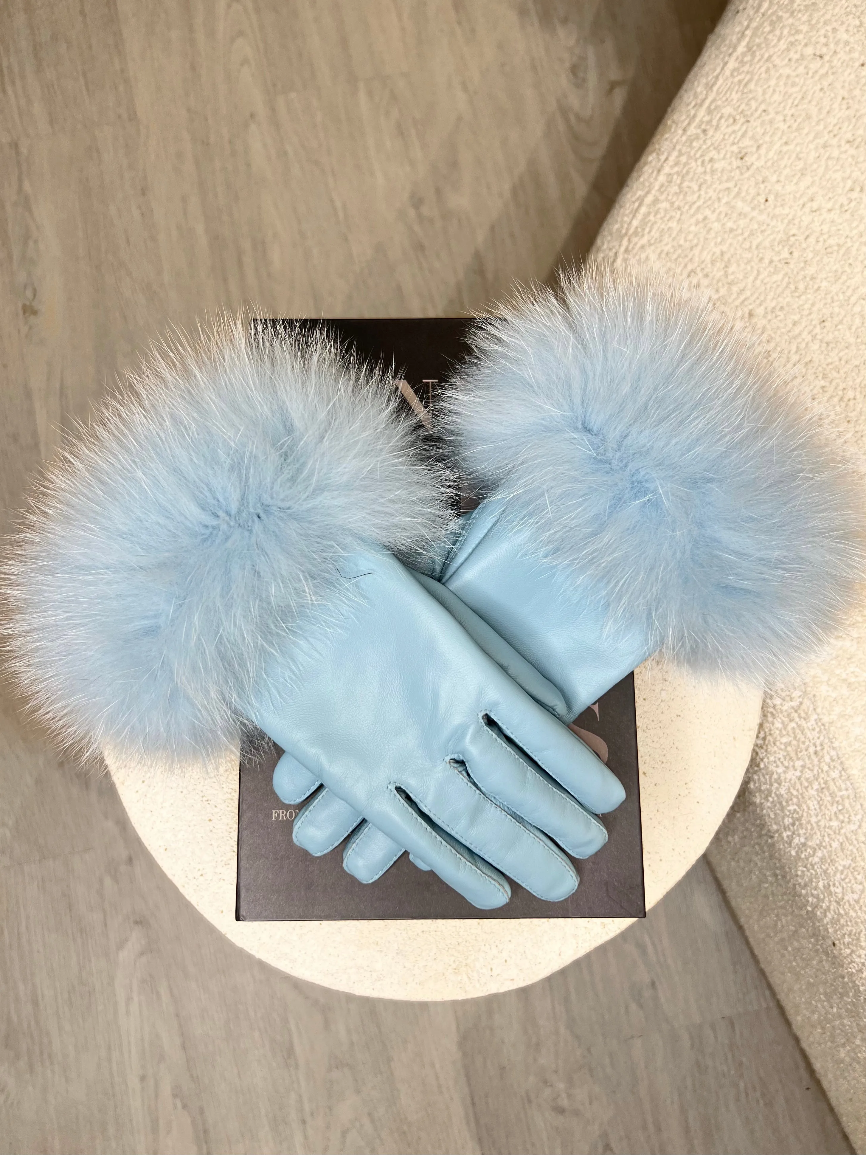 Luxurious Baby Blue Fur-Lined Leather Gloves