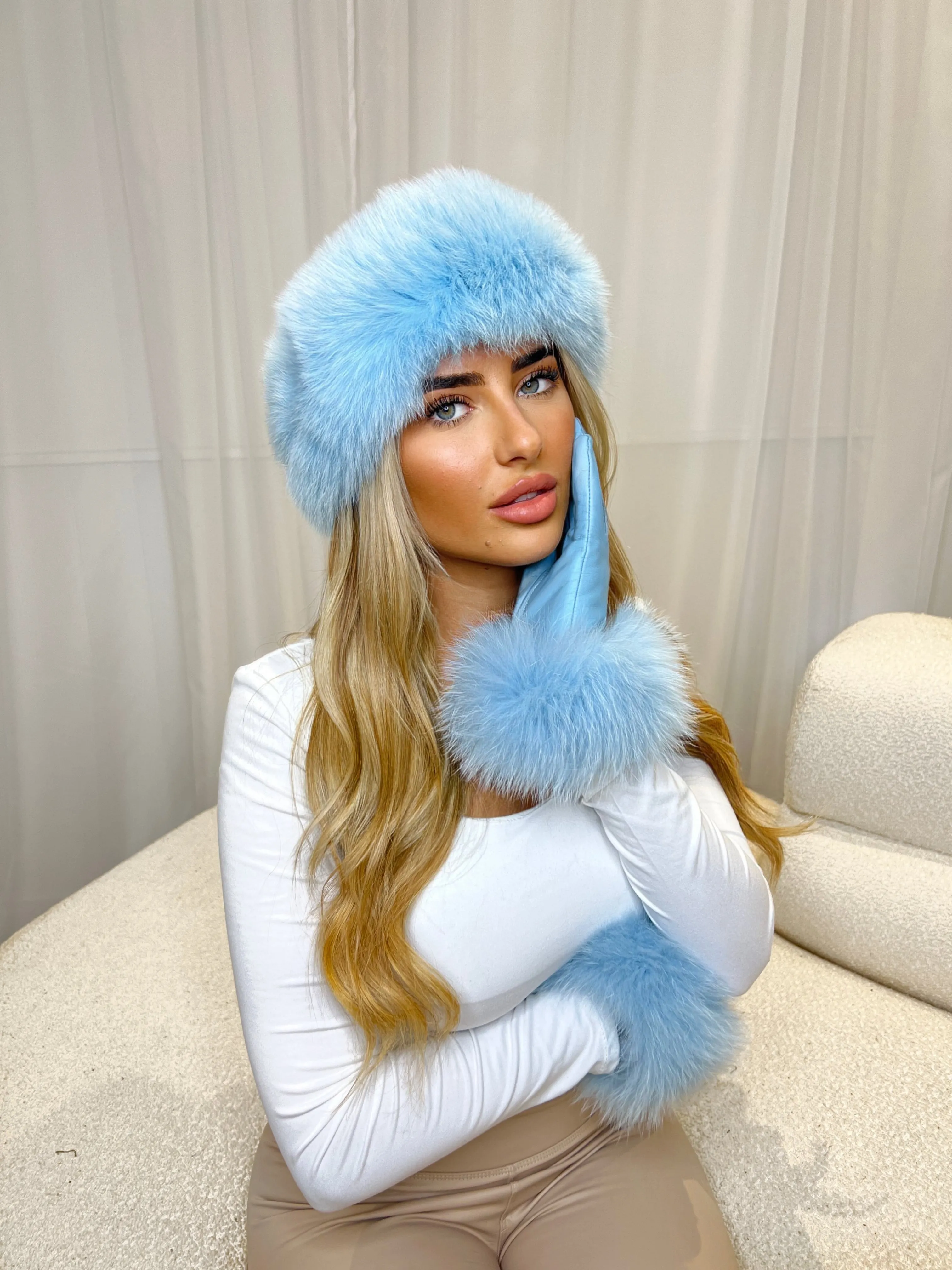 Luxurious Baby Blue Fur-Lined Leather Gloves