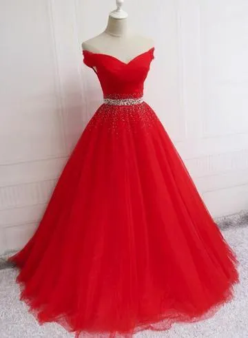 Beautiful Red Tulle Off Shoulder Long Formal Gown Red Sweet 16 Dresses KS6650