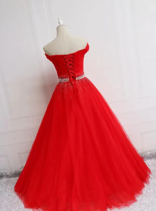 Beautiful Red Tulle Off Shoulder Long Formal Gown Red Sweet 16 Dresses KS6650