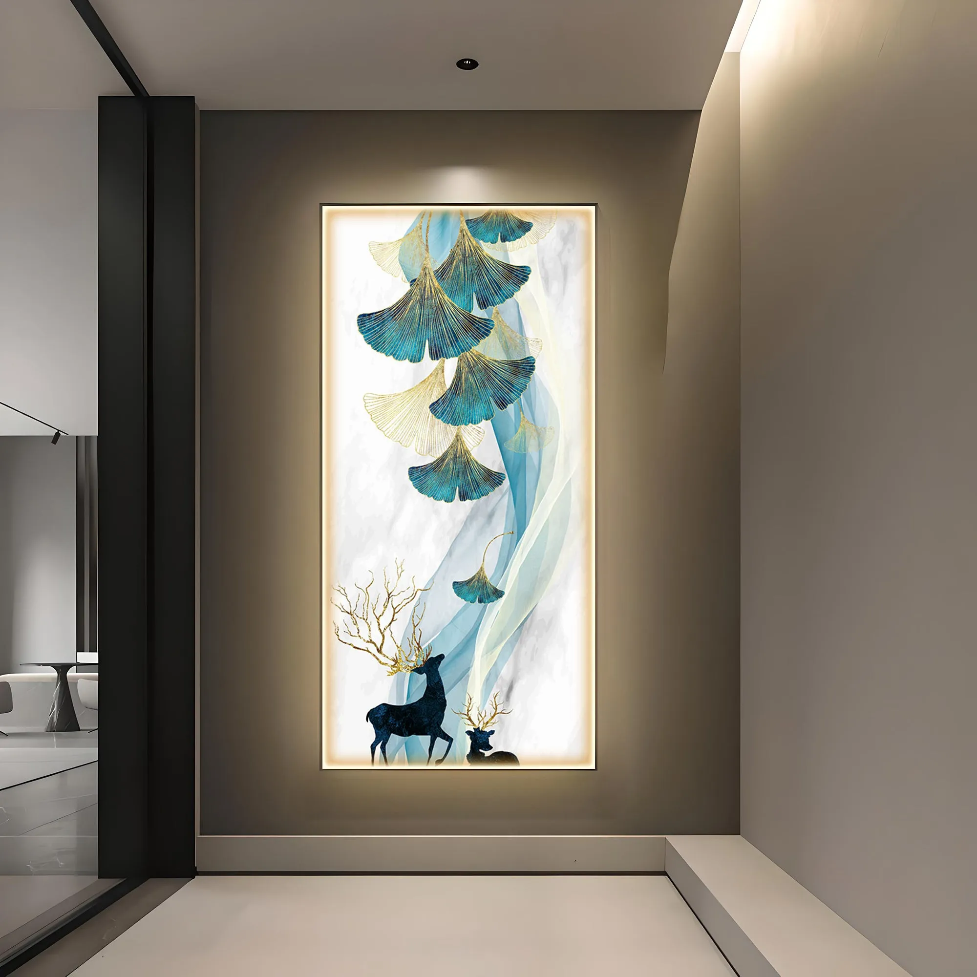 Beige Ginkgo Biloba with Deer Luxury Crystal Wall Art