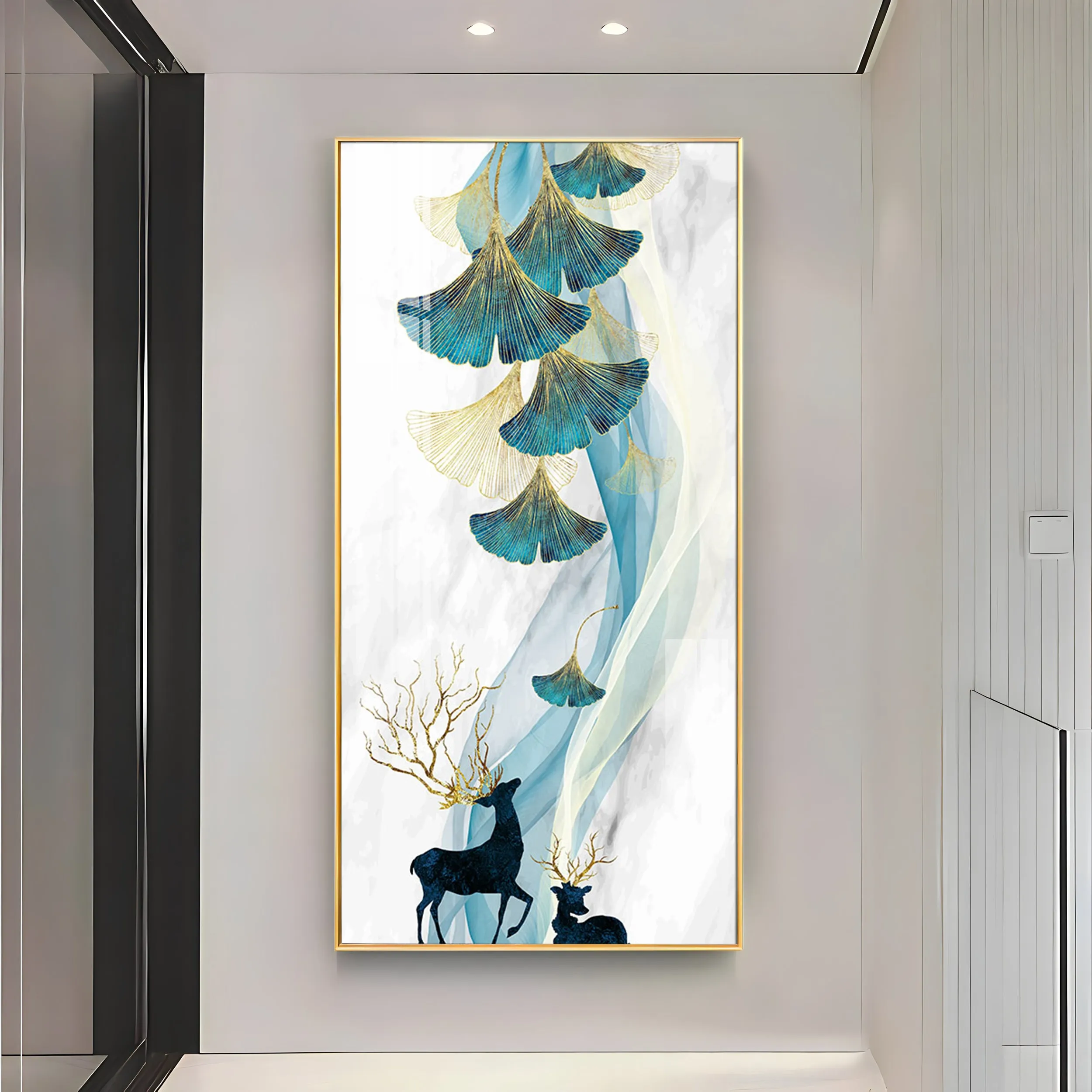 Beige Ginkgo Biloba with Deer Luxury Crystal Wall Art