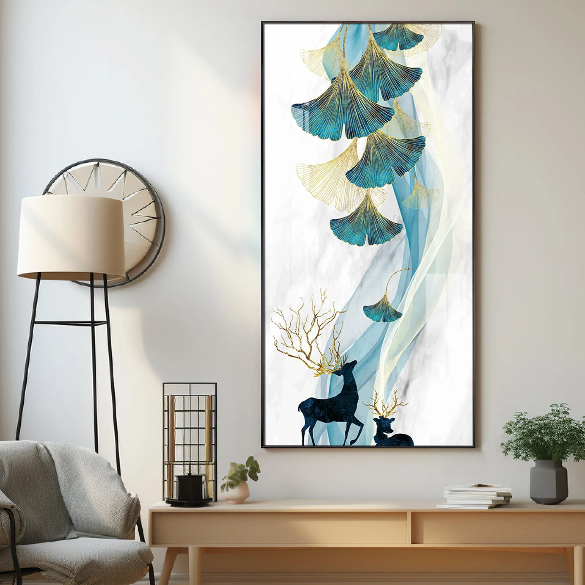 Beige Ginkgo Biloba with Deer Luxury Crystal Wall Art