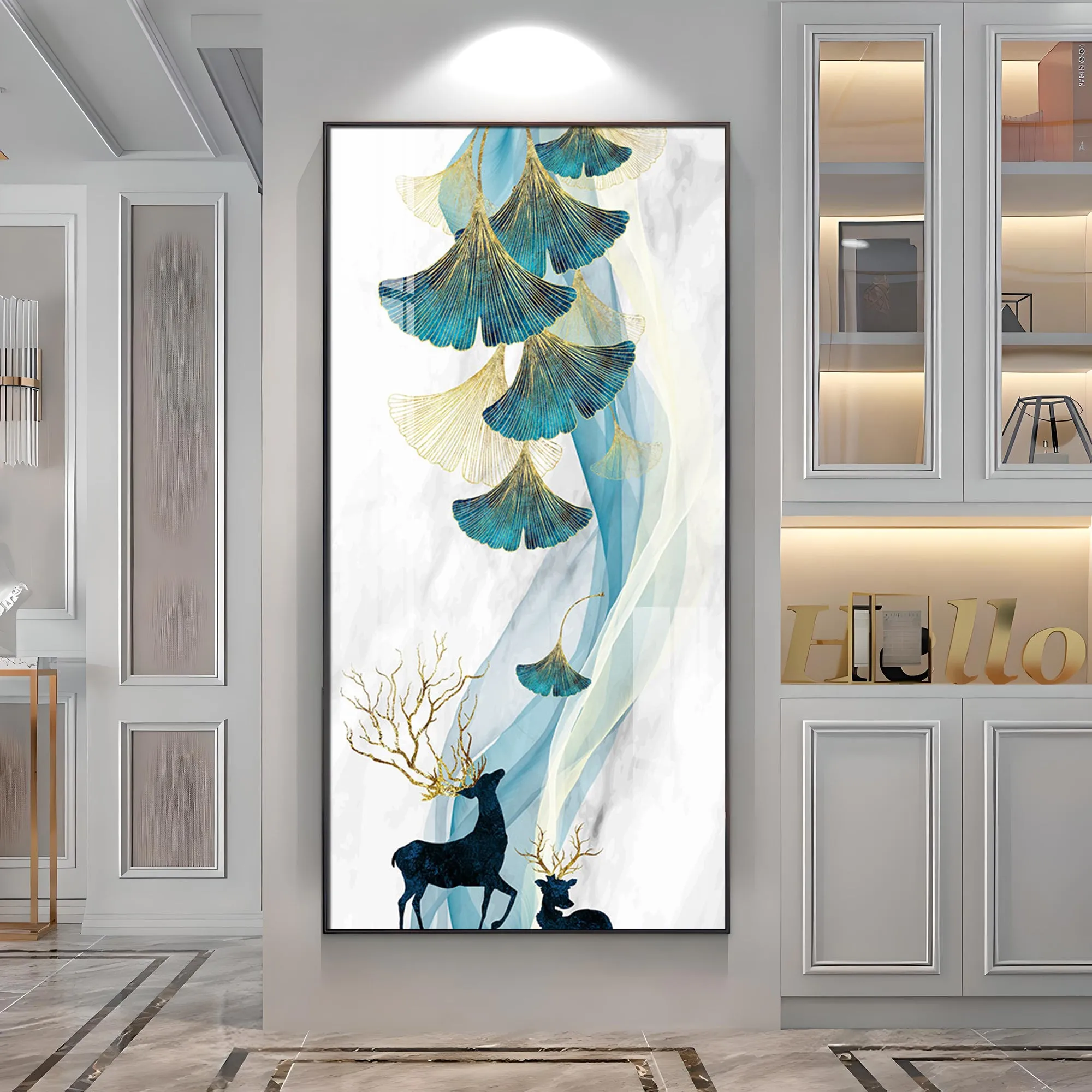 Beige Ginkgo Biloba with Deer Luxury Crystal Wall Art