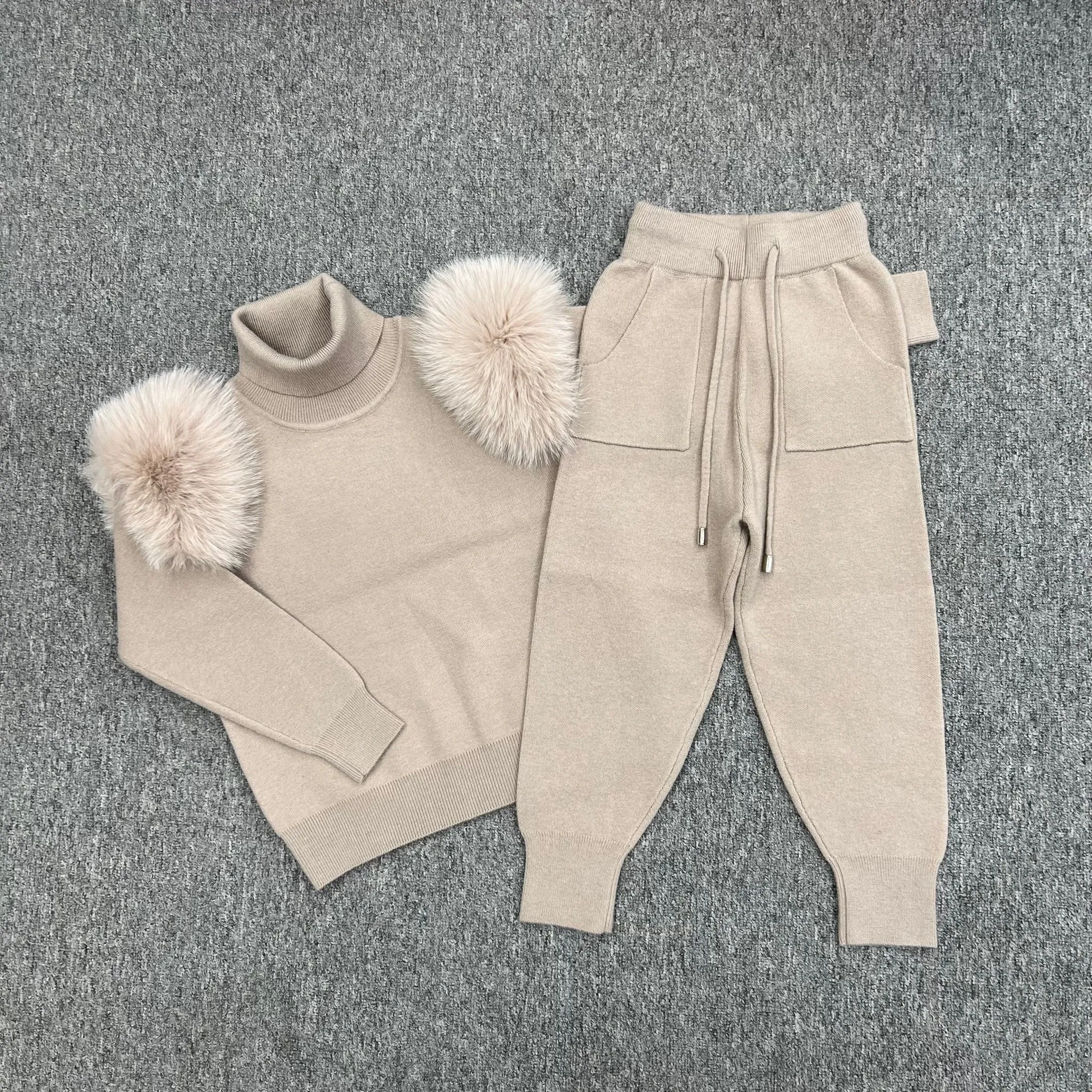 Beige Luxury Fur Roll Neck Jogger Tracksuit