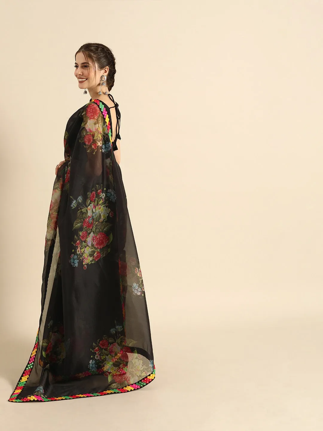 Black Floral Printed Saree