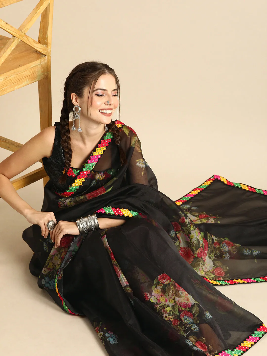 Black Floral Printed Saree