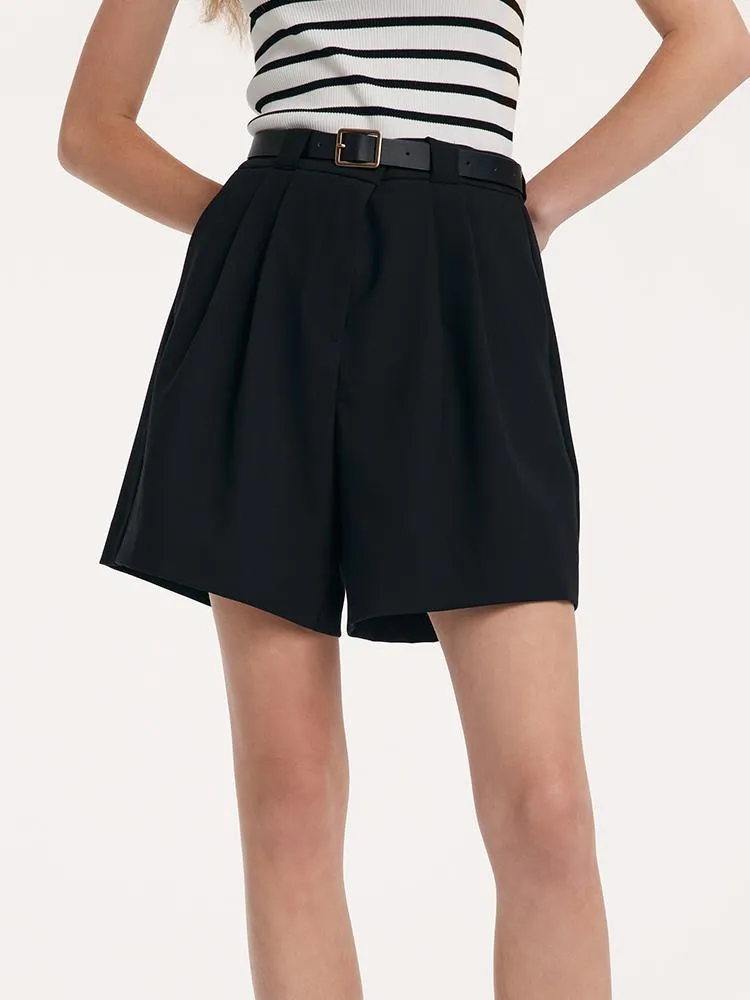 Black Loose A-Line Shorts With Belt