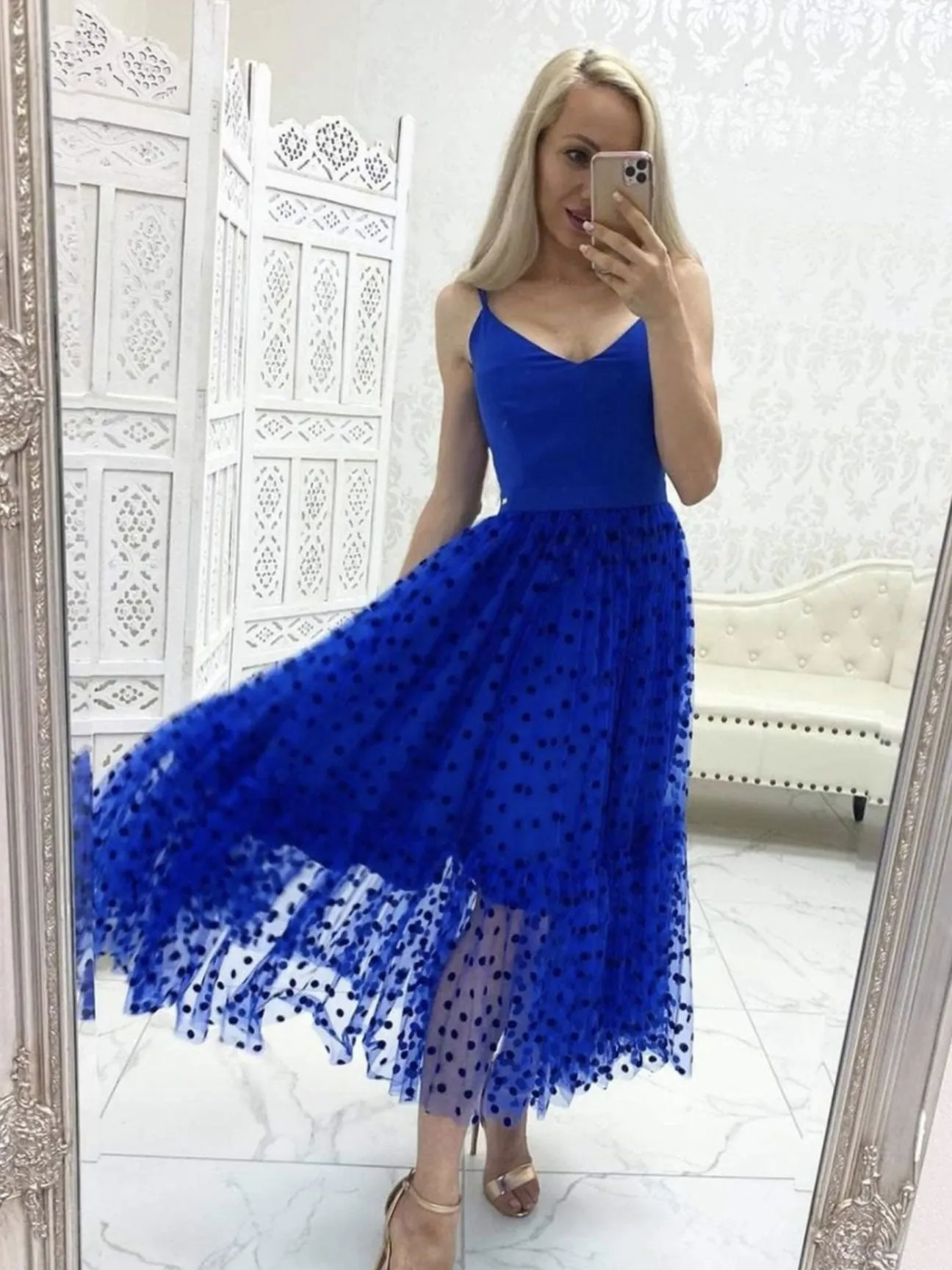 Blue v neck tulle tea length prom dress, blue tulle formal dress