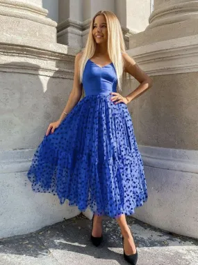 Blue v neck tulle tea length prom dress, blue tulle formal dress